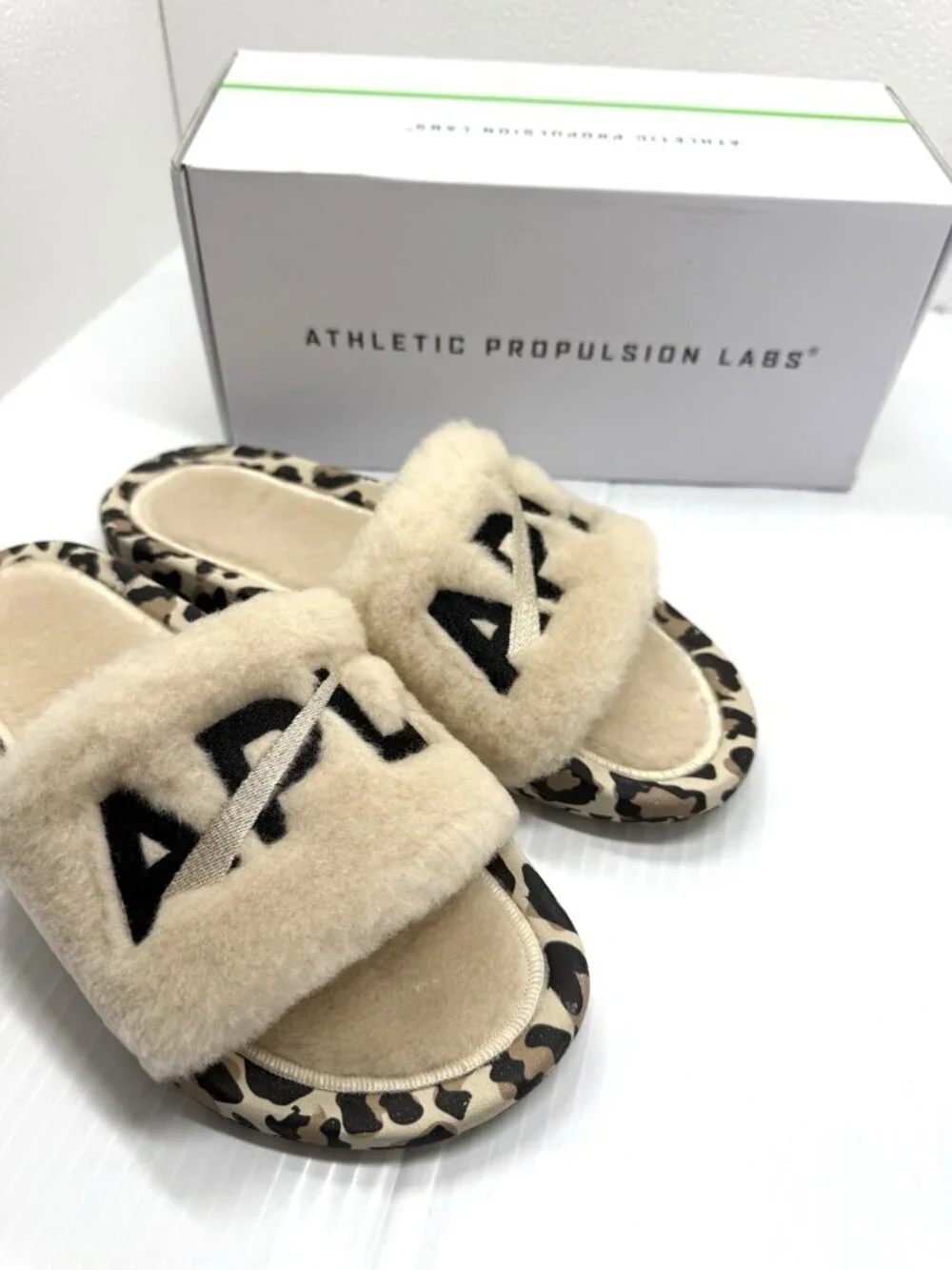 APL Shearling Slide Sandals Womens 8 Leopard Fur Logo Cozy Luxe Comfort Slip